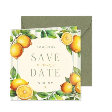 Zomerse save the date met citroenen streepjes en takjes